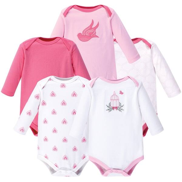 slide 1 of 1, Hudson Baby Infant Girl Cotton Long-Sleeve Bodysuits 5pk, Bird Cage 9-12 Months - Bird Cage