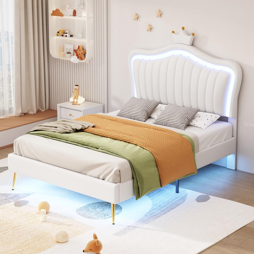 White Twin Upholstered Platform Bed with LED Crown Headboard - MDF, Plywood, PU, Metal, 600LBS Capacity