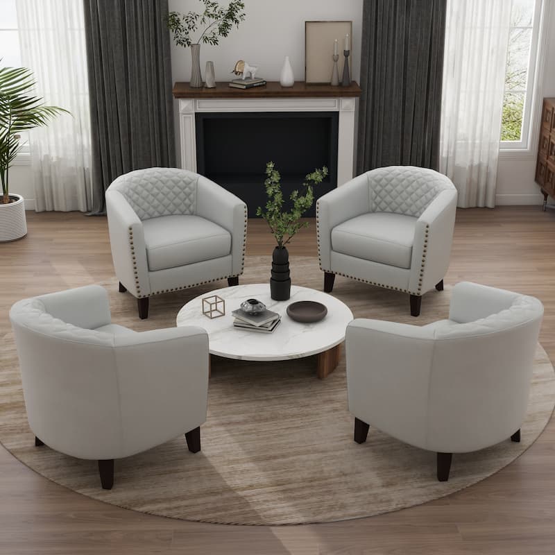 Modern Leather Nailheads Trim Barrel Accent Chairs with Wood Legs - 4 Set - White