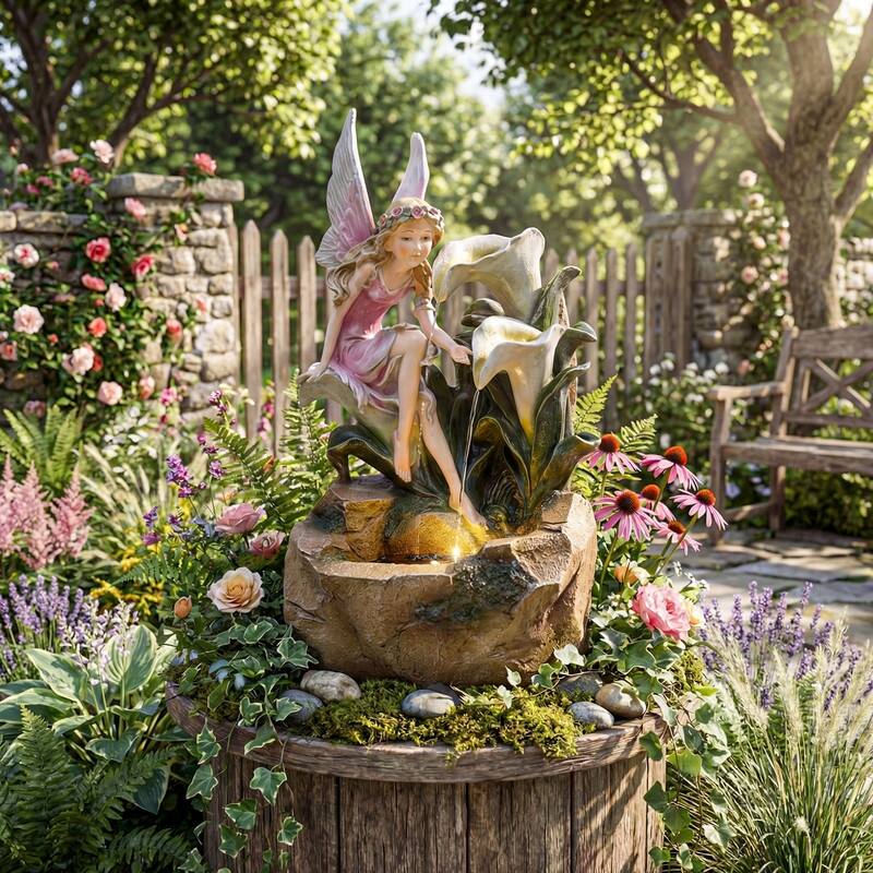 Outdoor Fairy & Calla Lily Water Fountain with Fairy-Tale Garden Style and Lights