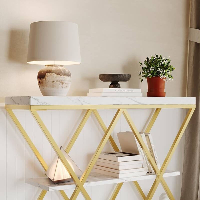 3-Tier X-Shaped Console Table, Entryway Table with Storage Shelf