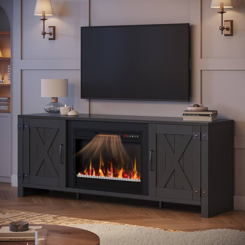 63'' Fireplace TV Stand with Electric Fireplace Heater & Storage Cabinet for TVs up to 70 Inch - Black