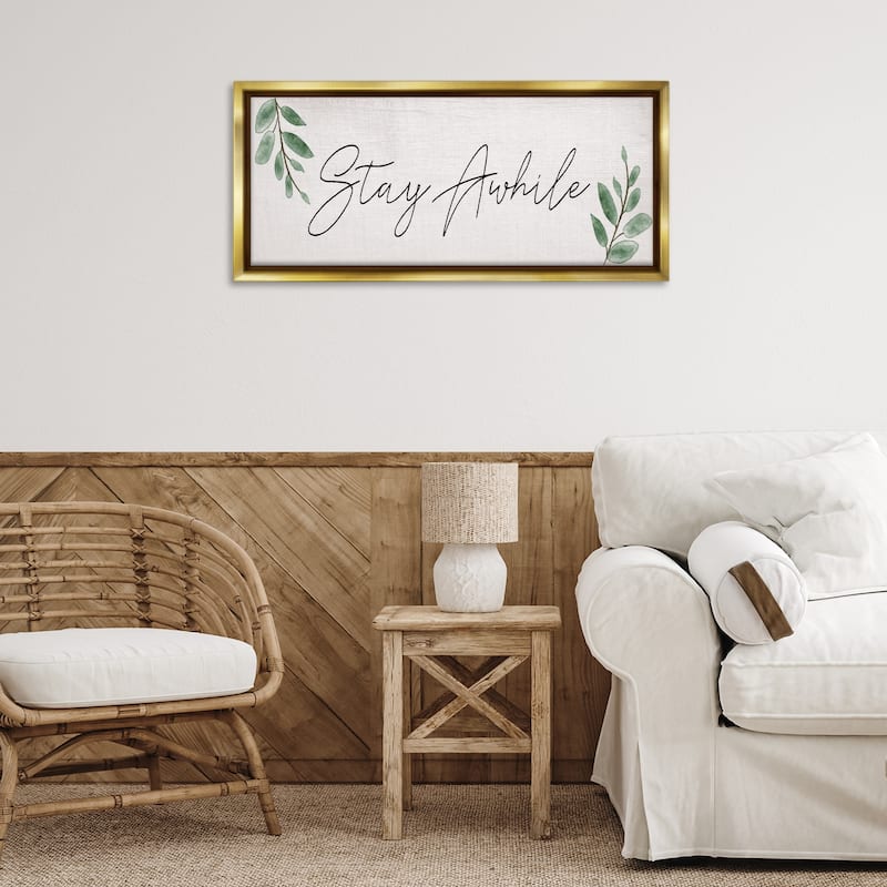 Stupell Stay Awhile with Plant Sprigs Framed Floater Canvas Wall Art Design By Lil' Rue