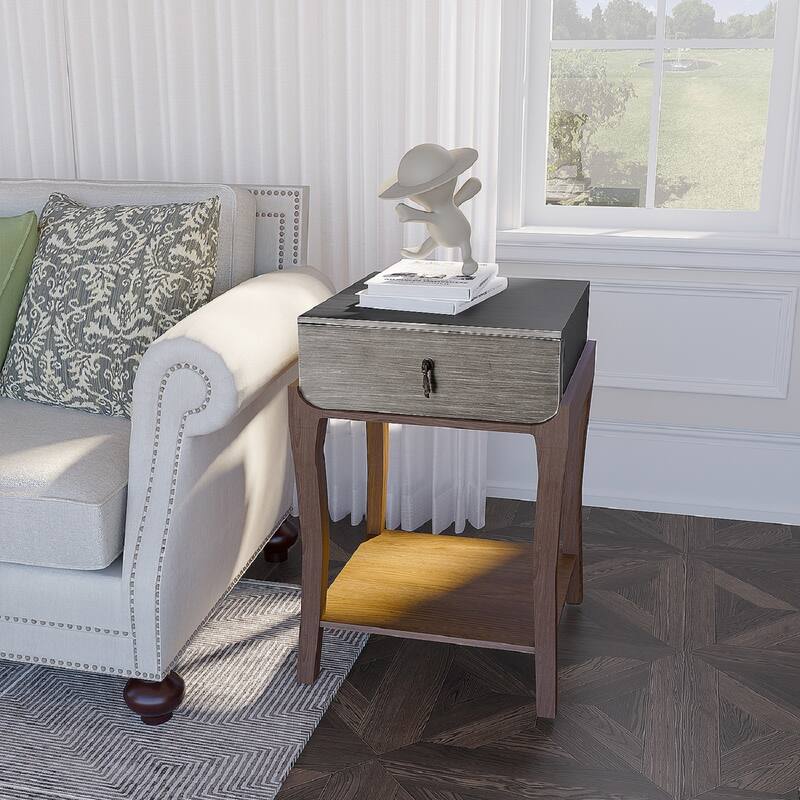SUNBURY Farmhouse Nightstand Wood Accent End Table w Drawer and Shelf