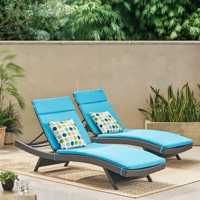 Salem Outdoor Wicker Lounge with Water Resistant Cushion (Set of 2) by Christopher Knight Home - Grey + Blue