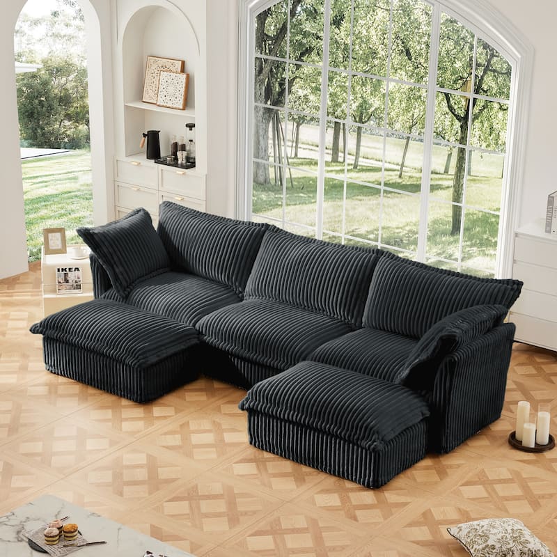 Slipcovered U-Shape 3-Seater Corduroy Sectional Deep Seat Sofa Couch