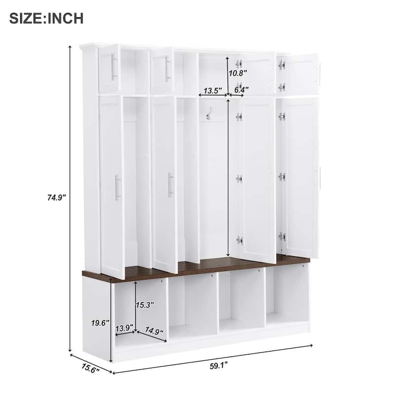 Hall Tree Storage Cabinet with 4 Hidden Hooks, Bench, and Open Compartments