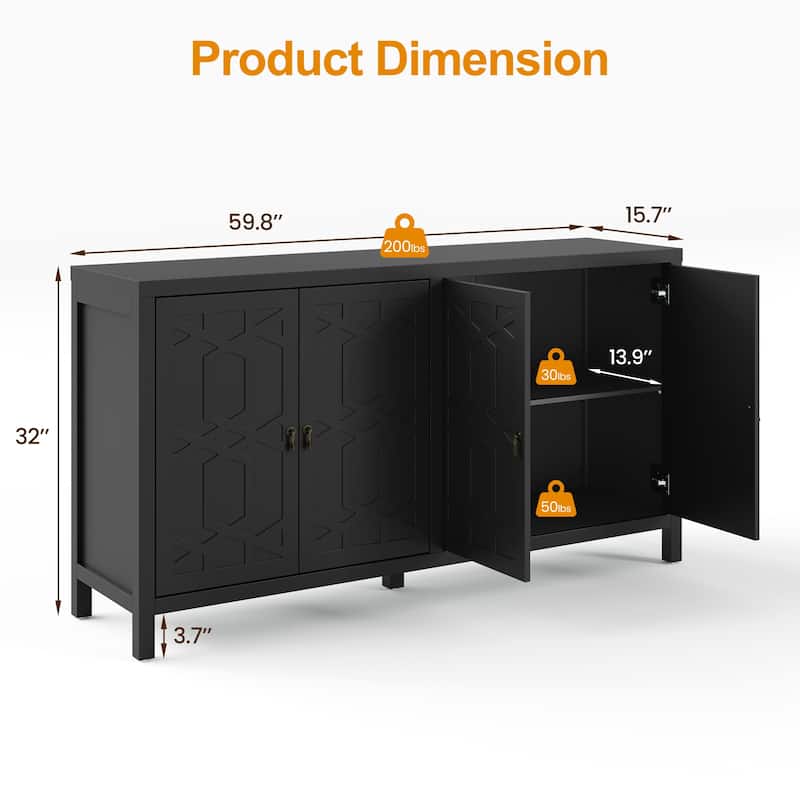 60" W Sideboard Cabinet with Adjustable Shelves and 4 Doors