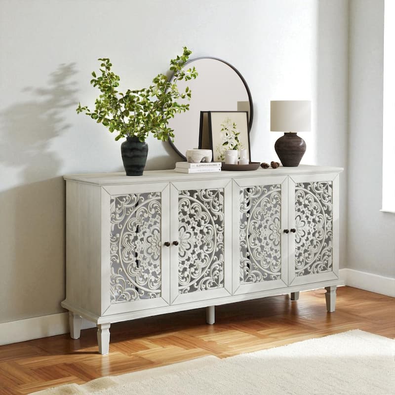 60" Antique Buffet Sideboard with Floral Carvings, Solid Wood Legs, Brass Handles & Adjustable Shelves, TV Stand up to 65"