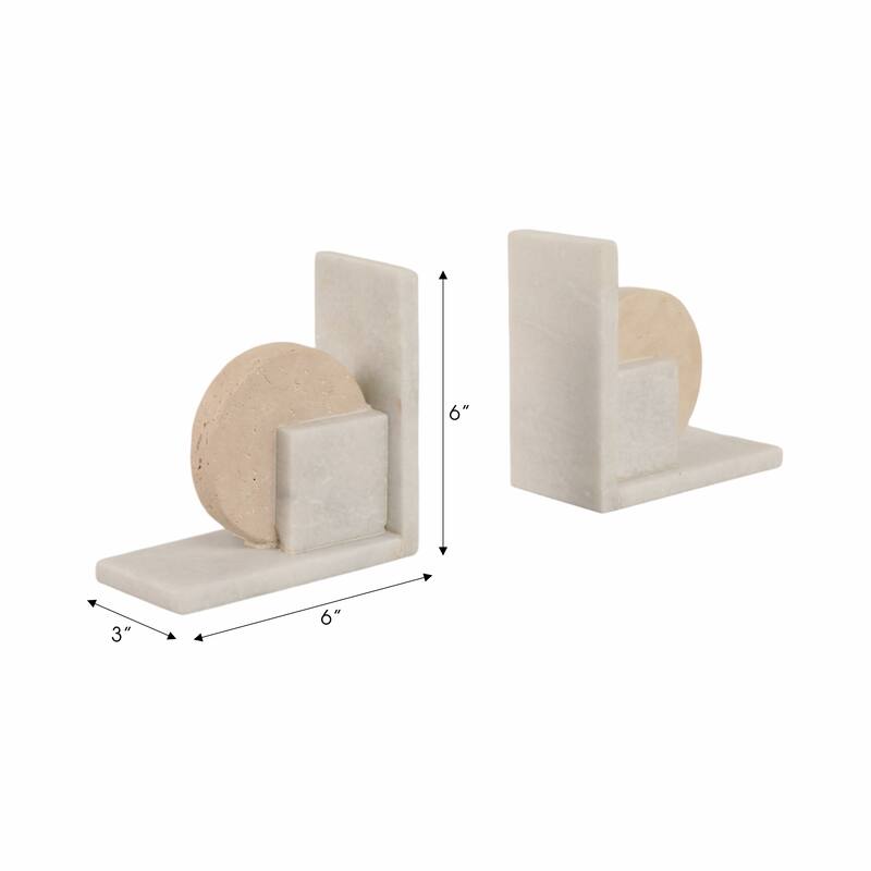 Decorative Geometric Marble Bookends - Set of 2 , 6", White & Tan - 6.0"