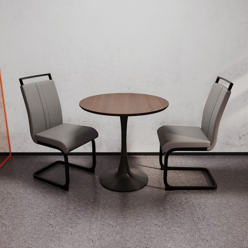 Modern 3-Piece Dining Set with MDF Round Table & 2 PU High Back C-shaped Tube Chairs