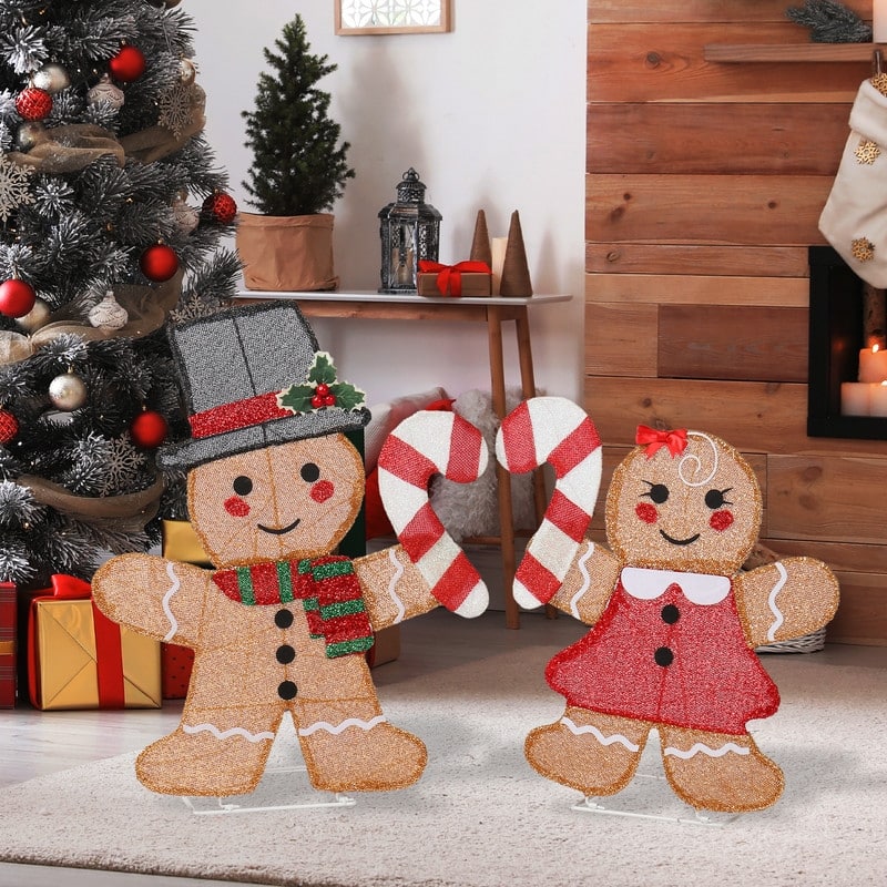 Set of 2 Lighted Gingerbread Man and Candy Cane Christmas Decorations - BROWN