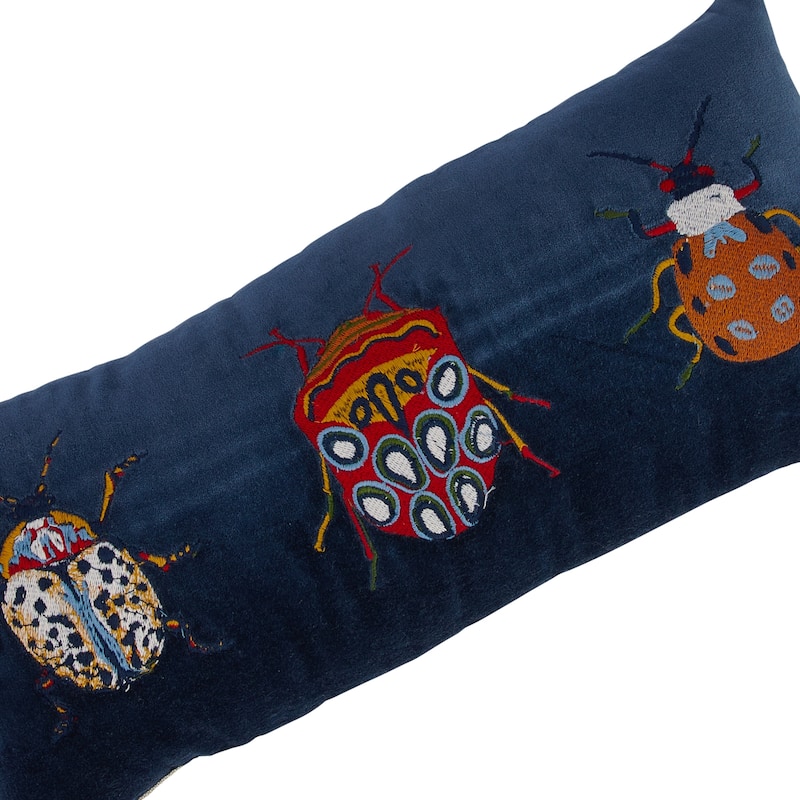 Cotton Velvet Lumbar Pillow with Beetle Embroidery - 18.0"L x 8.0"W x 2.0"H