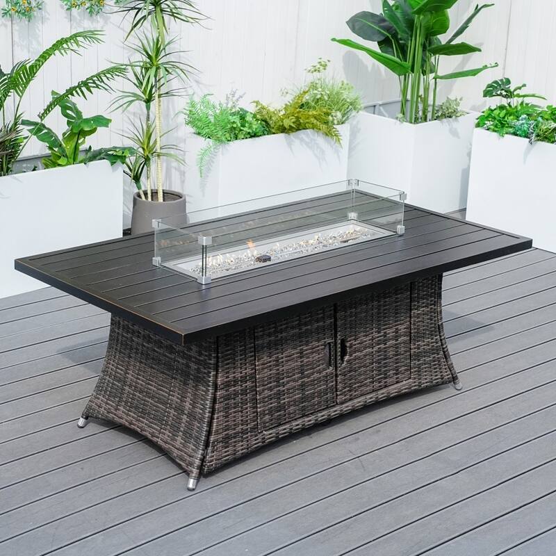 Rattan Fire Pit Table Aluminum Frame with Wind Guard - 71-Inch