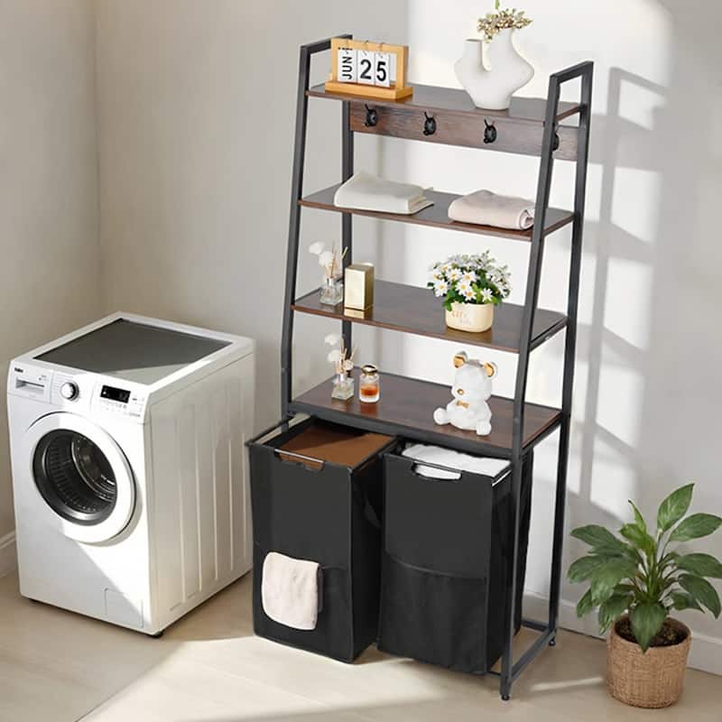 4-Compartment Tall Laundry Sorter with Waterproof Oxford Fabric Bags and Wooden Tabletop Steel Frame