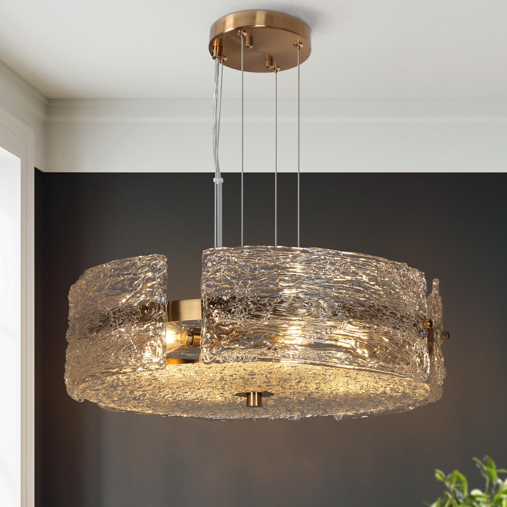 Uolla Modern Farmhouse 4-Light Drum Art Textured Glass Chandelier for Dining Room - D 18"* H 6"