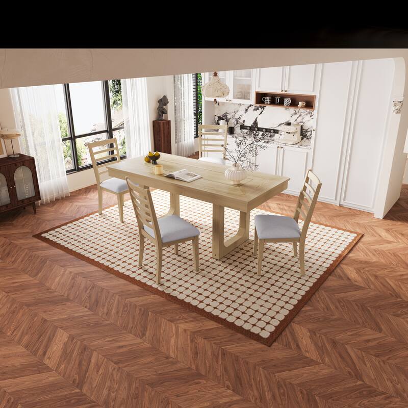 60"-78" Extendable Dining Table with Smooth Rails, Wooden Kitchen Table with Removable Leaf, Double U-Shape Base