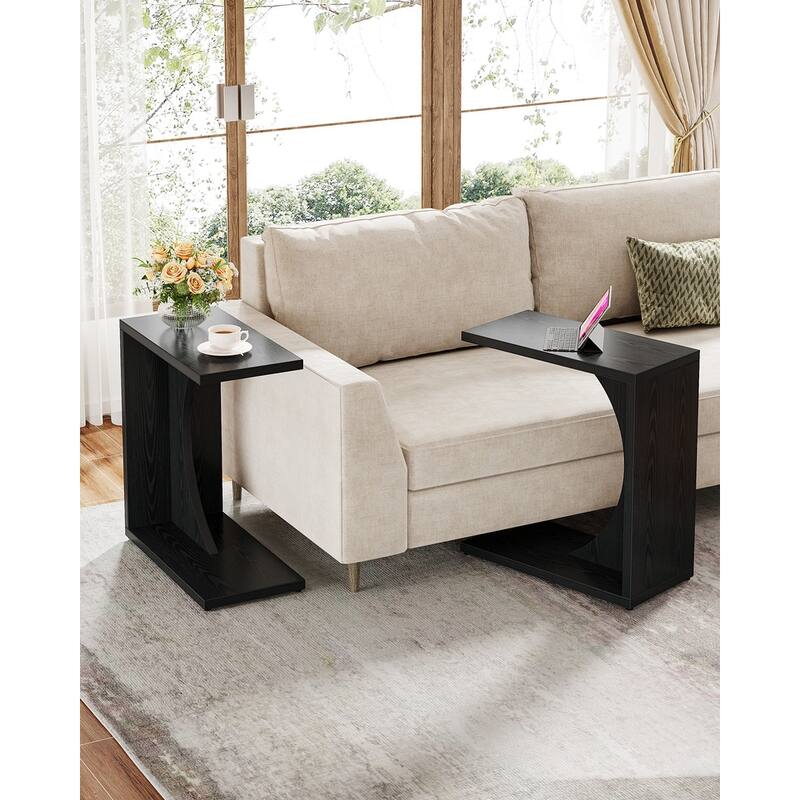 Wood 2-Tier C-Shaped ChairSide End Couch Table (Set of 2) - Black