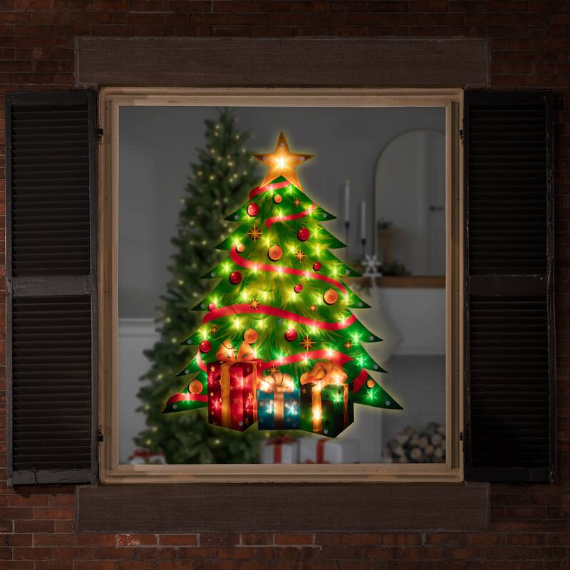22.5" Lighted Christmas Tree with Presents Window Silhouette
