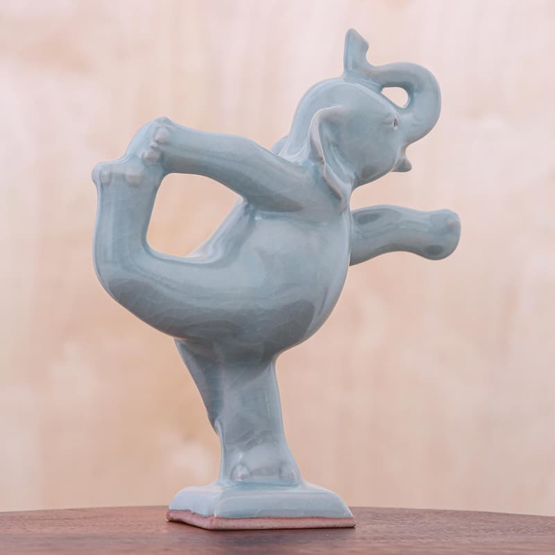 Novica Handmade Elephant Mountain Pose Celadon Ceramic Figurine