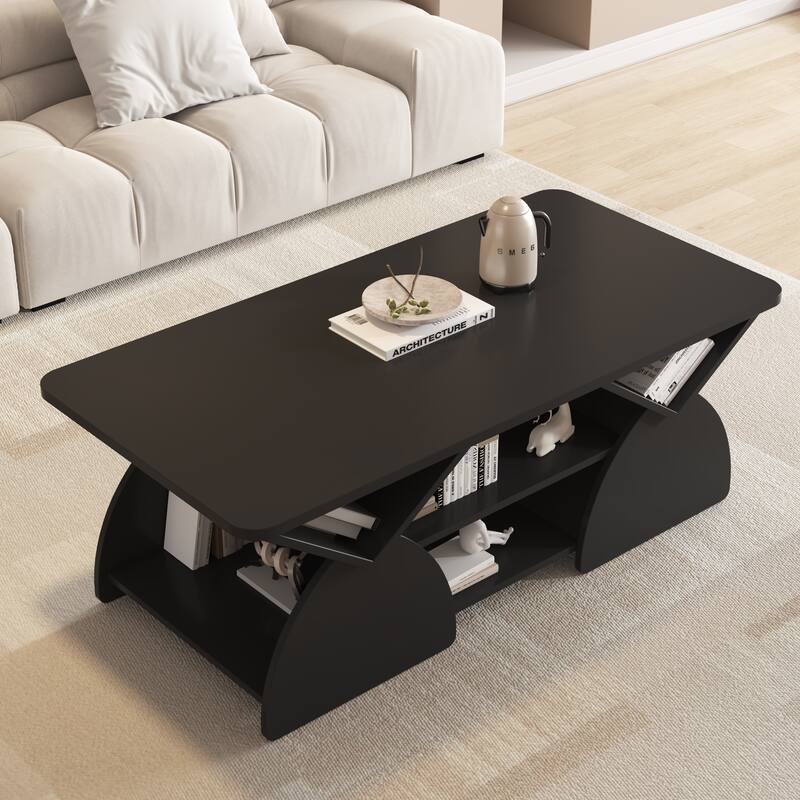 Modern Coffee Table with Storage, Geometric Rounded Design and Open Shelf, Easy Assembly Living Room Table
