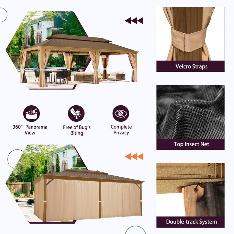 Wooden-Finish Aluminum Frame Outdoor Hardtop Gazebo with Galvanized Steel Double Roof, Premium Curtains, and Netting