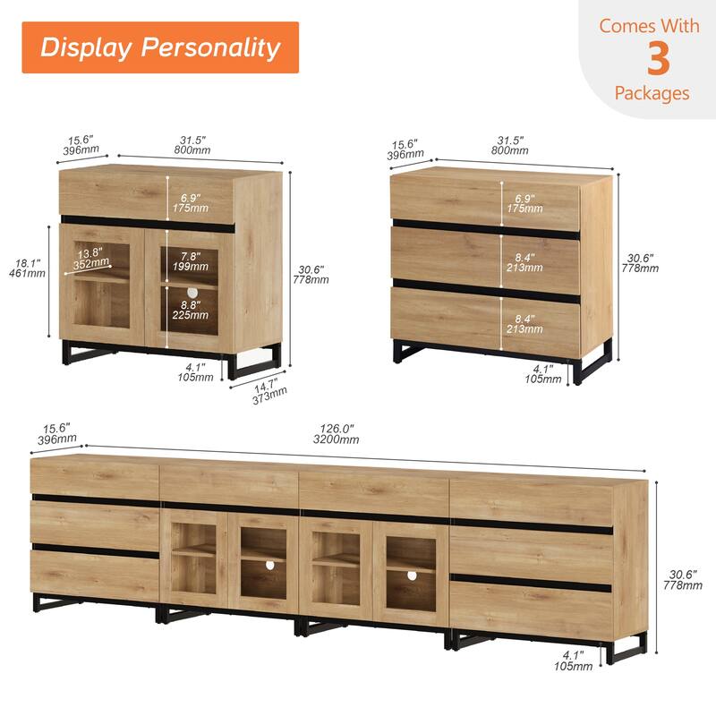 4-in-1 TV Stand for 120" TVs, Console with Glass Doors & 8 Drawers