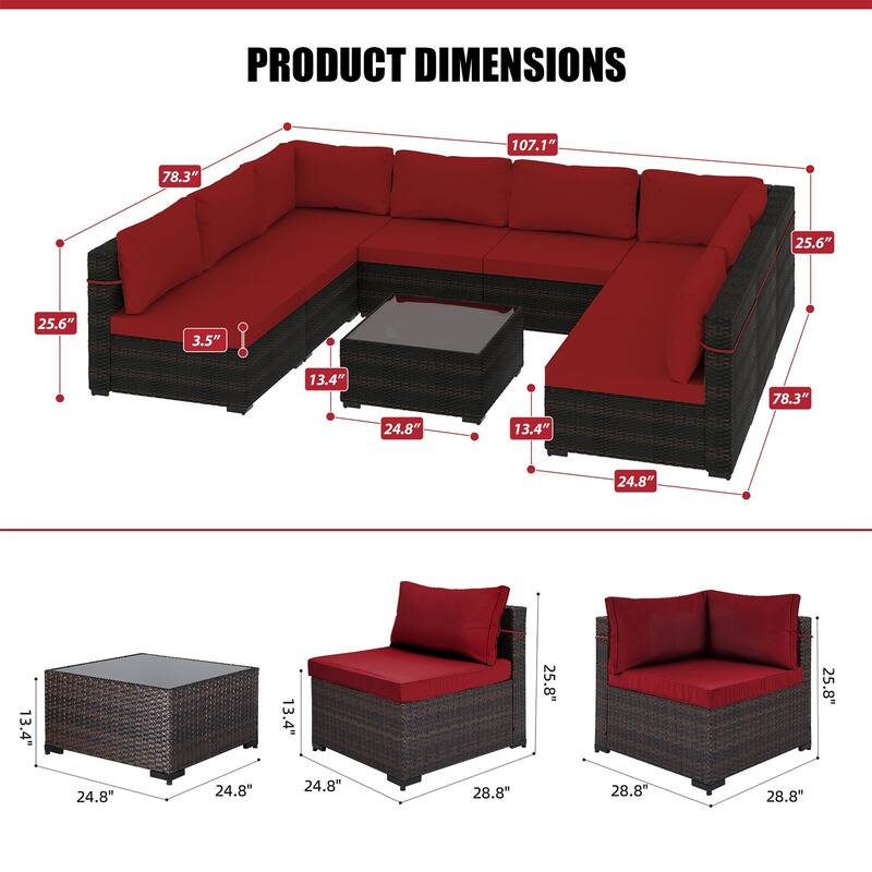 Patio Watcher Outdoor 8 Seater Rattan Sectional Set with Cusions and Coffe Table
