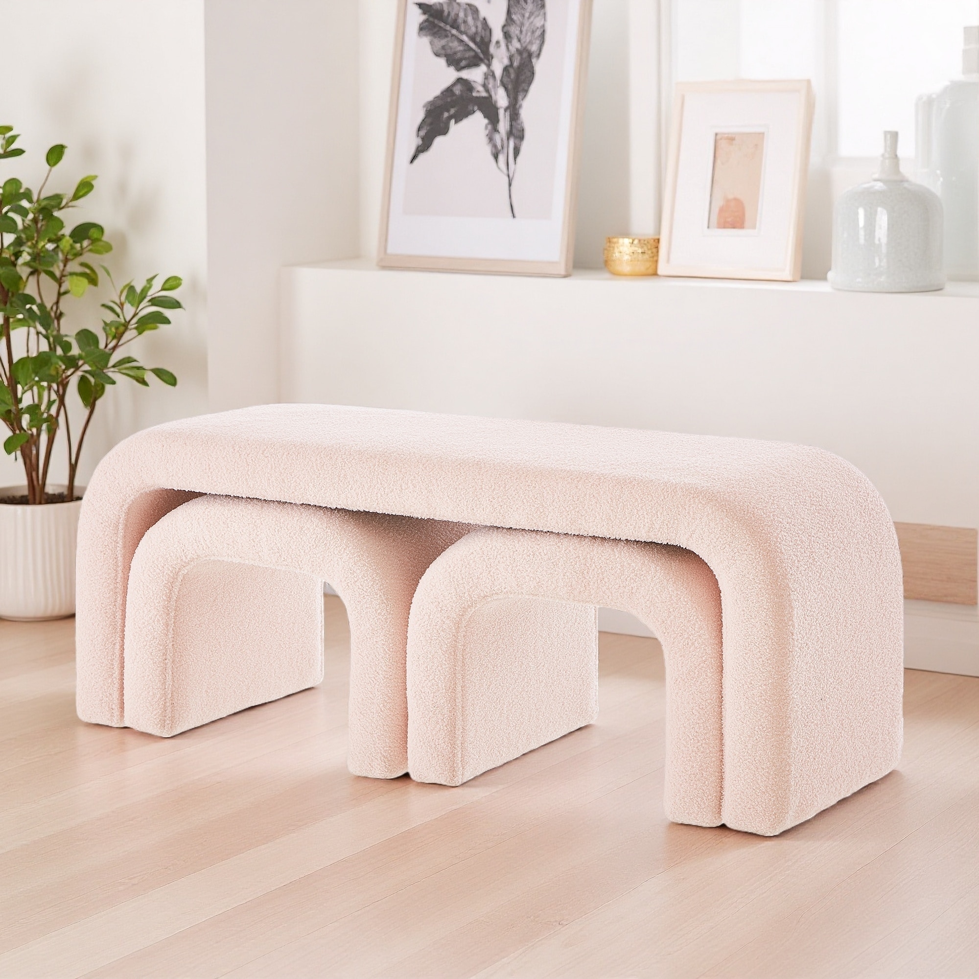 44"L Set of 3 U-Shaped Modern Bench & Teddy Ottoman, Extra Seating