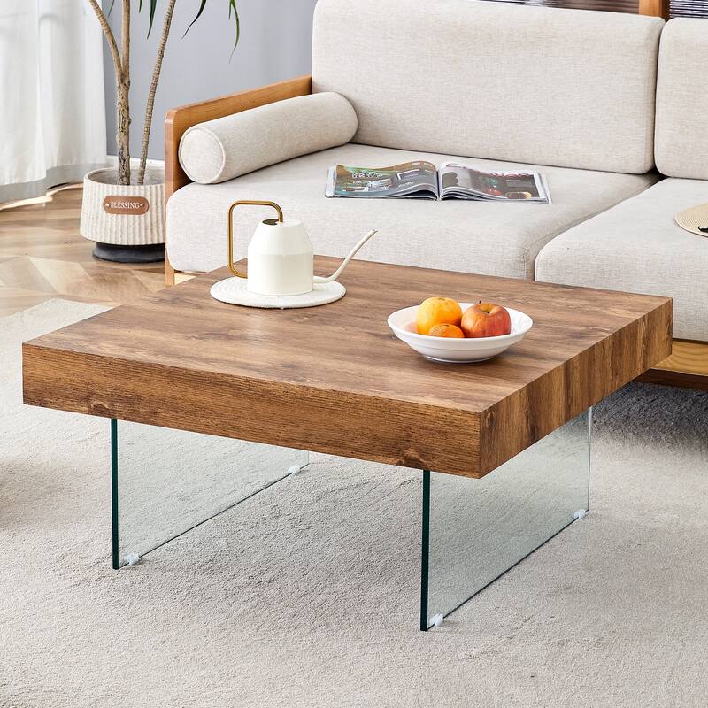 Square MDF Coffee Table - 31.5"x31.5" with Tempered Glass Legs.Density Board Sticker,Reinforced Glass Legs