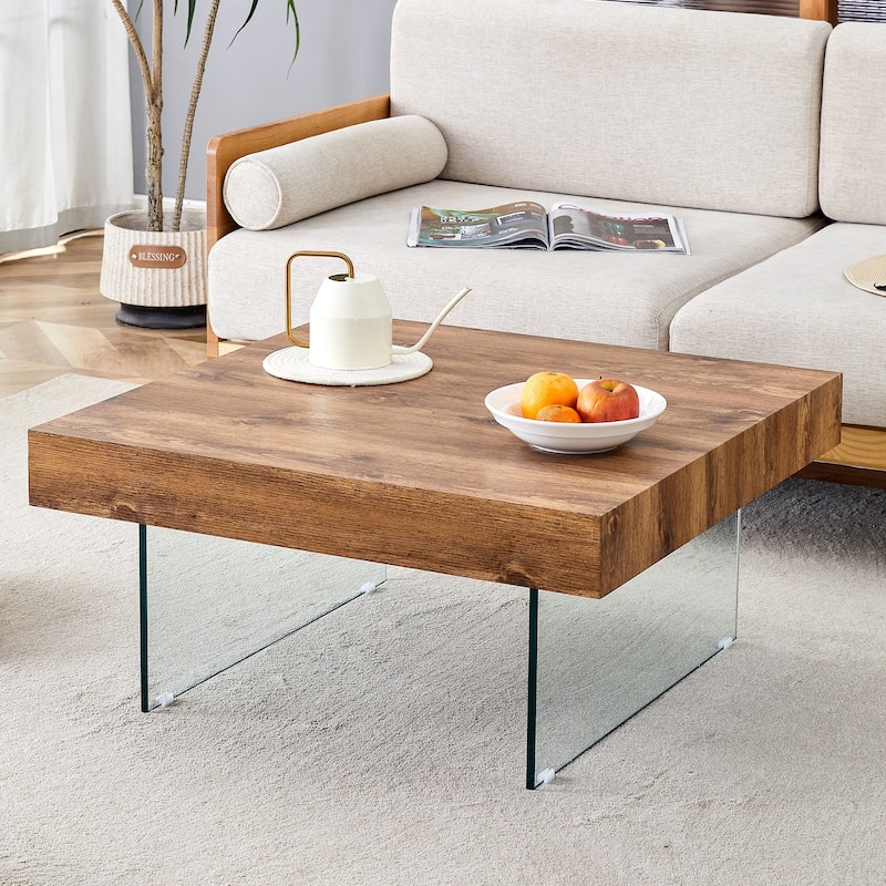 Walnut Colored Square Mdf Coffee Table - 31.5"X31.5"With Tempered Glass Legs.Density Board Sticker,Reinforced Glass Legs