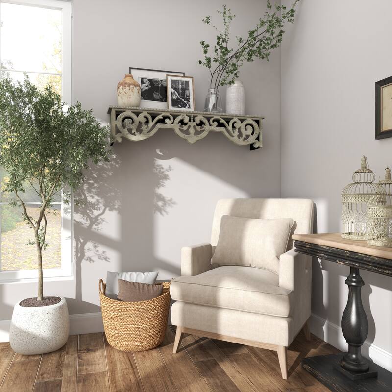 Beige Wooden 1 Shelf Scroll Room Wall Shelf with Gray Distressing