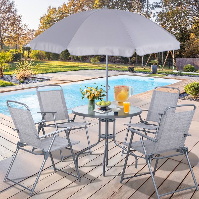 Futzca Folding Patio Dining Set, Garden Patio Furniture Set with Umbrella, Glass Table and 4 Folding Chairs - Grey