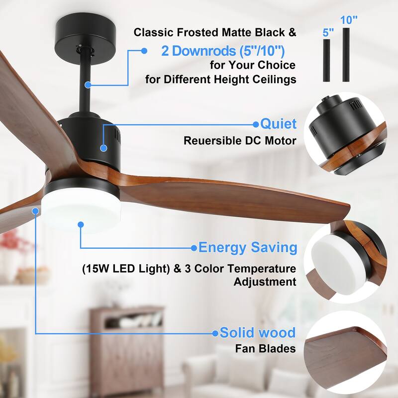 Cusp Barn 52-inch Outdoor Indoor Solid Wood Ceiling Fan with Lights and Remote Energy Efficient DC Motor Dimmable LED Light