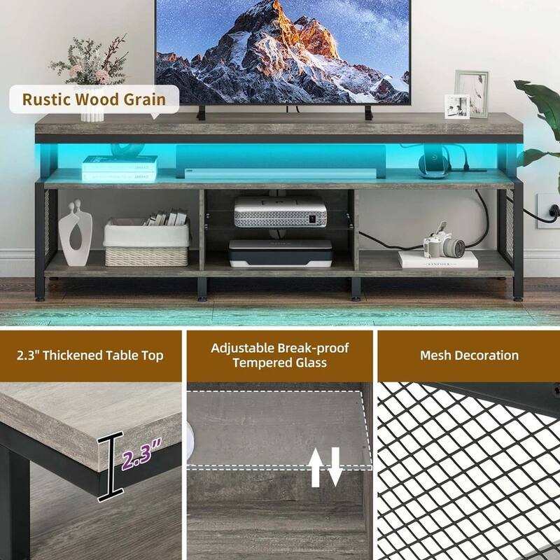 LED TV Stand for 70/65in TV with Storage & Charging Station Grey - 62 inches