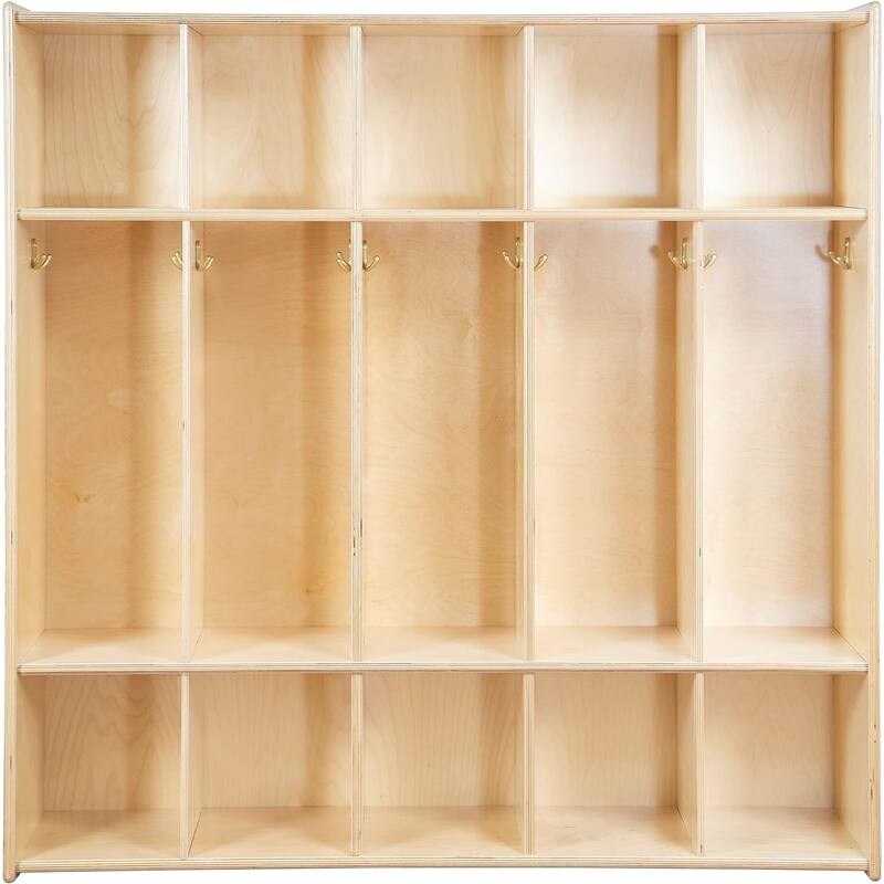 RRI Goods 5 Section Montessori Coat Locker & Backpack Hanger, Kids Organizer Wooden Storage with Hooks