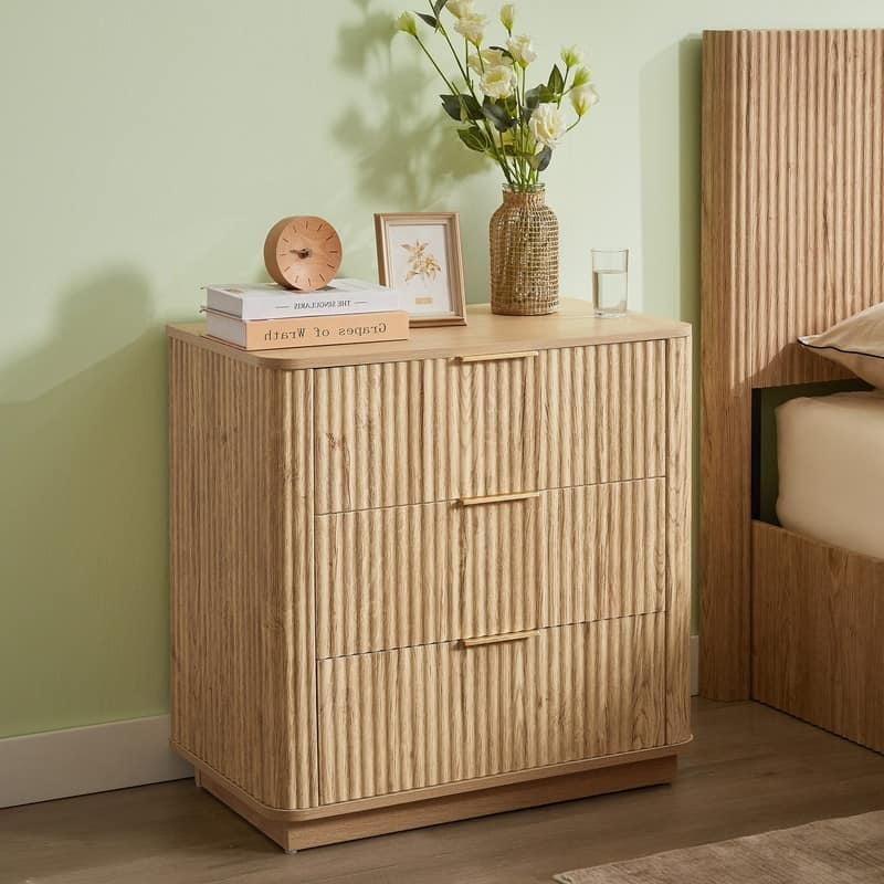 Modern Fluted 3-Drawer Dresser Nightstand with Easy Clean Waterproof Surface (Set of 2)