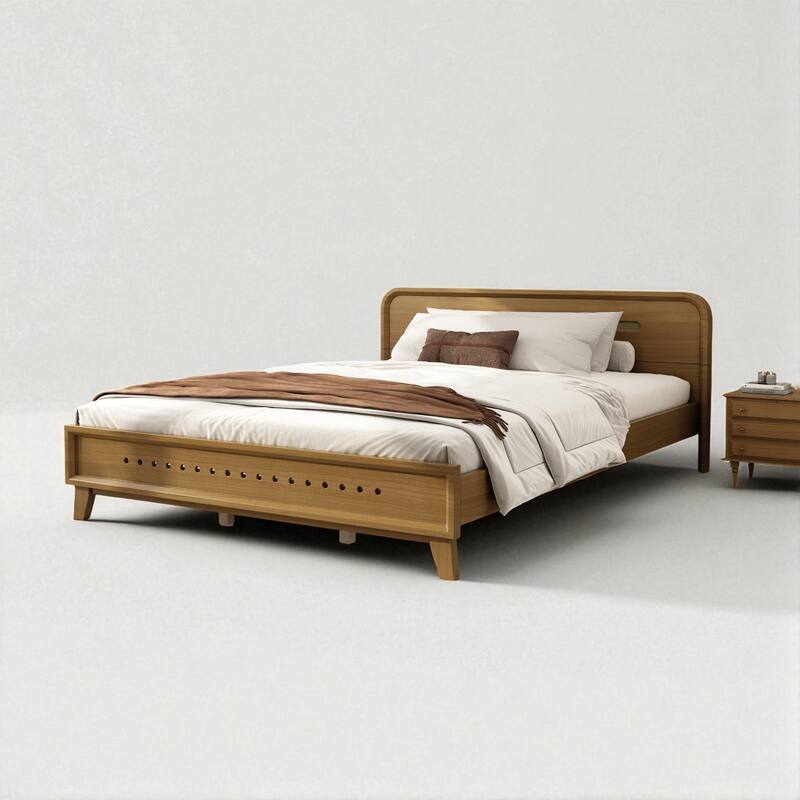 Queen/King Size Bed with Solid Pine Wood Frame, No Box Spring, Stable, Elegant Headboard