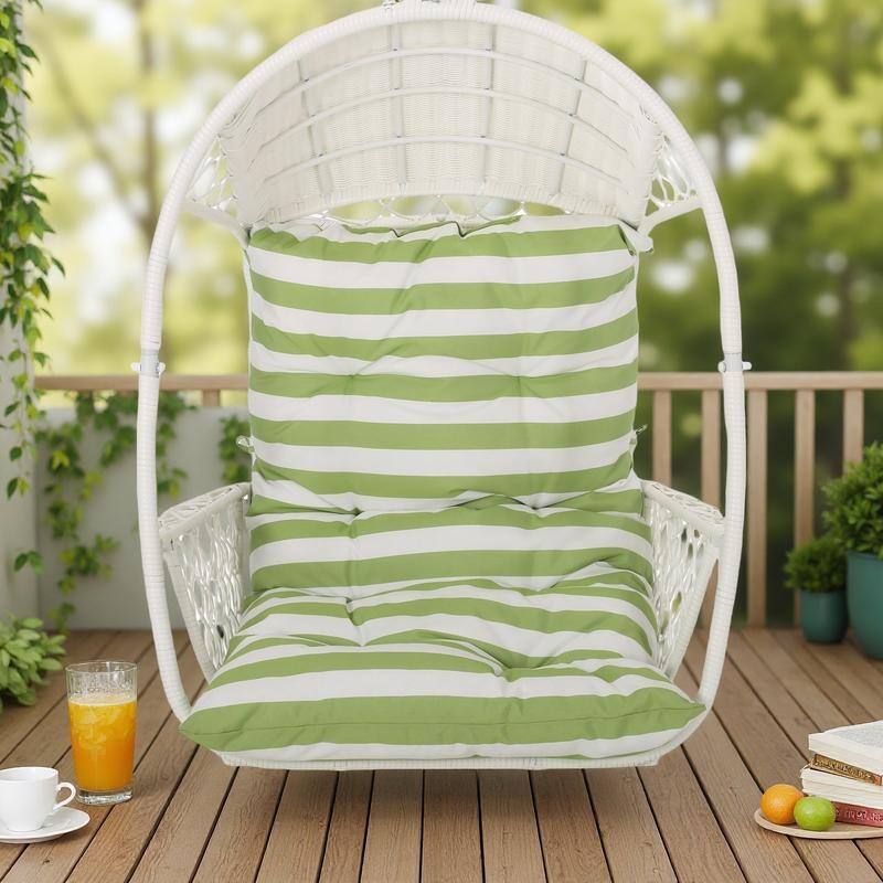 Rattan Hanging Chair with Water-Resistant Cushion - White+Green