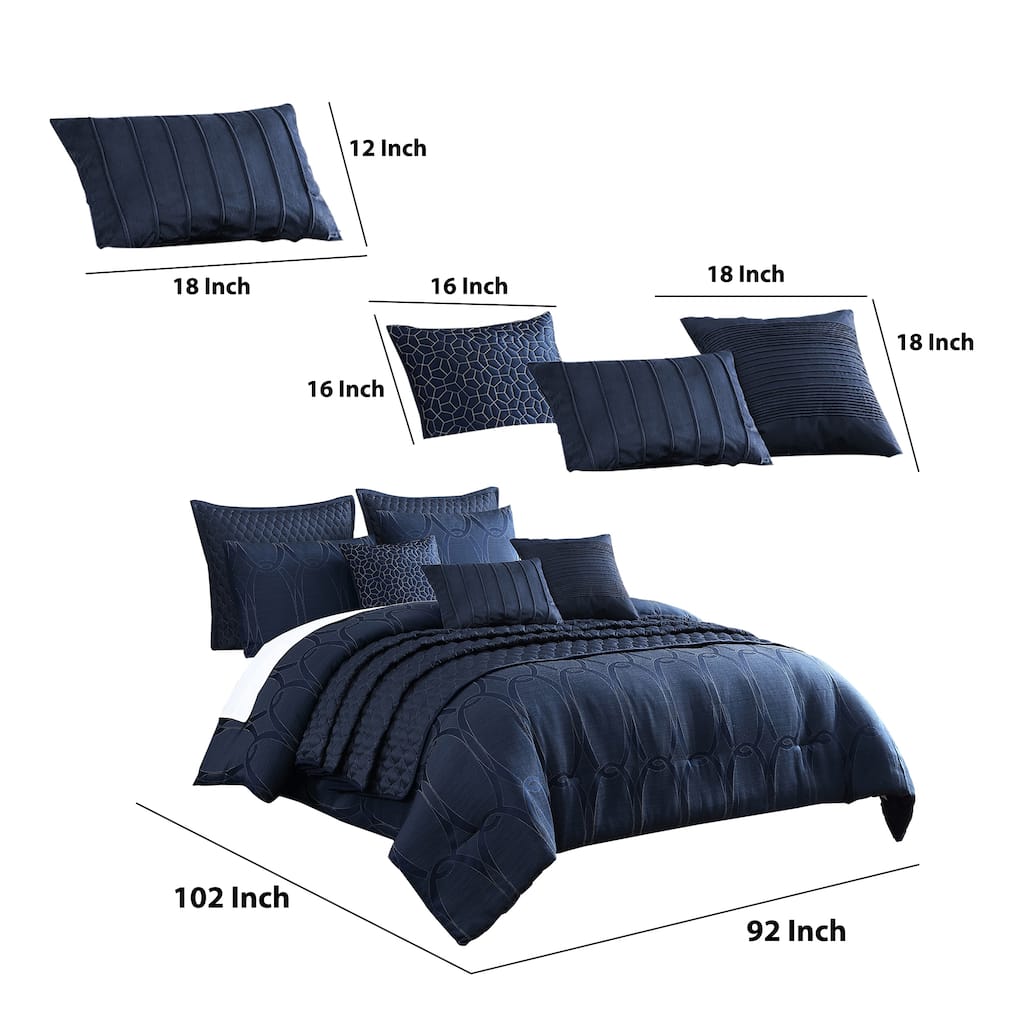 10 Piece King Polyester Comforter Set with Geometric Oblong Print, Dark Blue