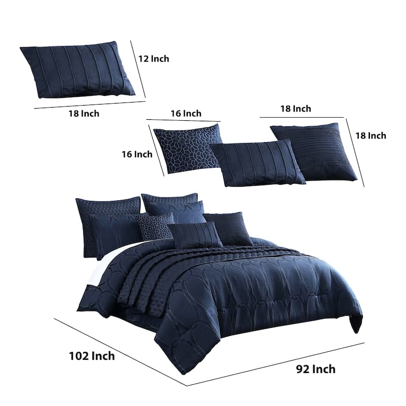 10 Piece King Polyester Comforter Set with Geometric Oblong Print, Dark Blue