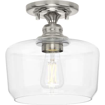 Aiken Collection One-Light Brushed Nickel Clear Glass Farmhouse Flush Mount Light - 9 in x 9 in x 9 in