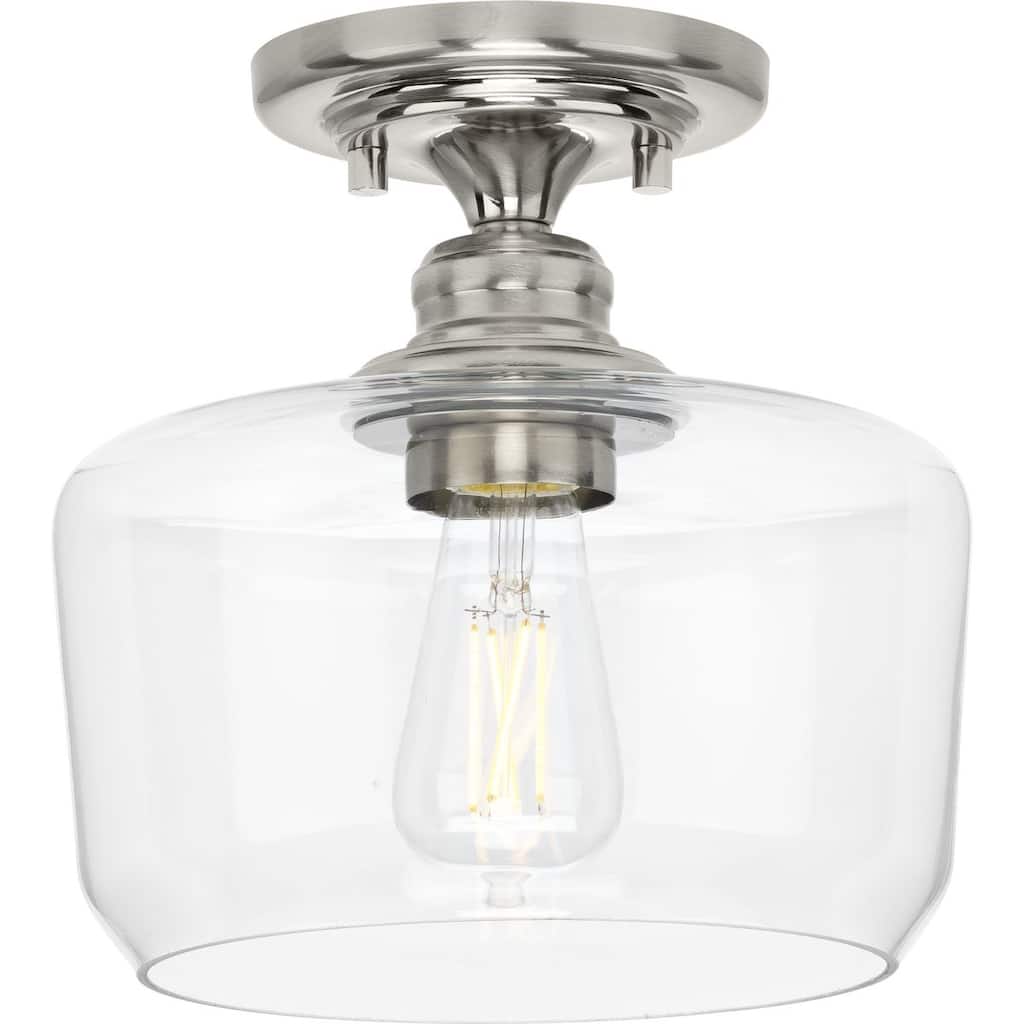 Aiken Collection One-Light Brushed Nickel Clear Glass Farmhouse Flush Mount Light - 9 in x 9 in x 9 in