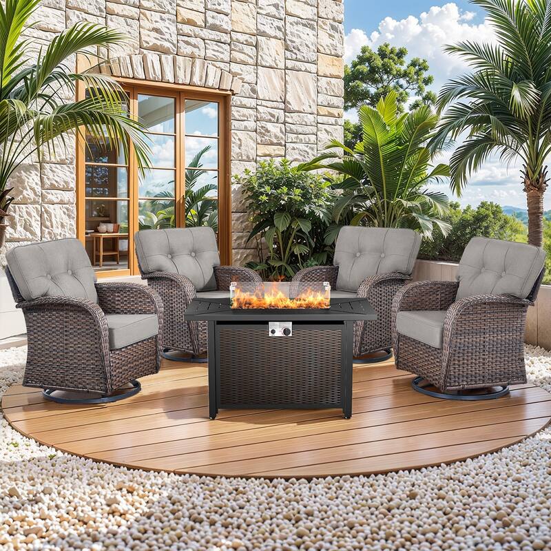 Pocassy Outdoor 43 In Fire Table with Swivel Chair Set - Brown Wicker Gray Cushion - 4-Piece Swivel Chair with Fire Pit Table