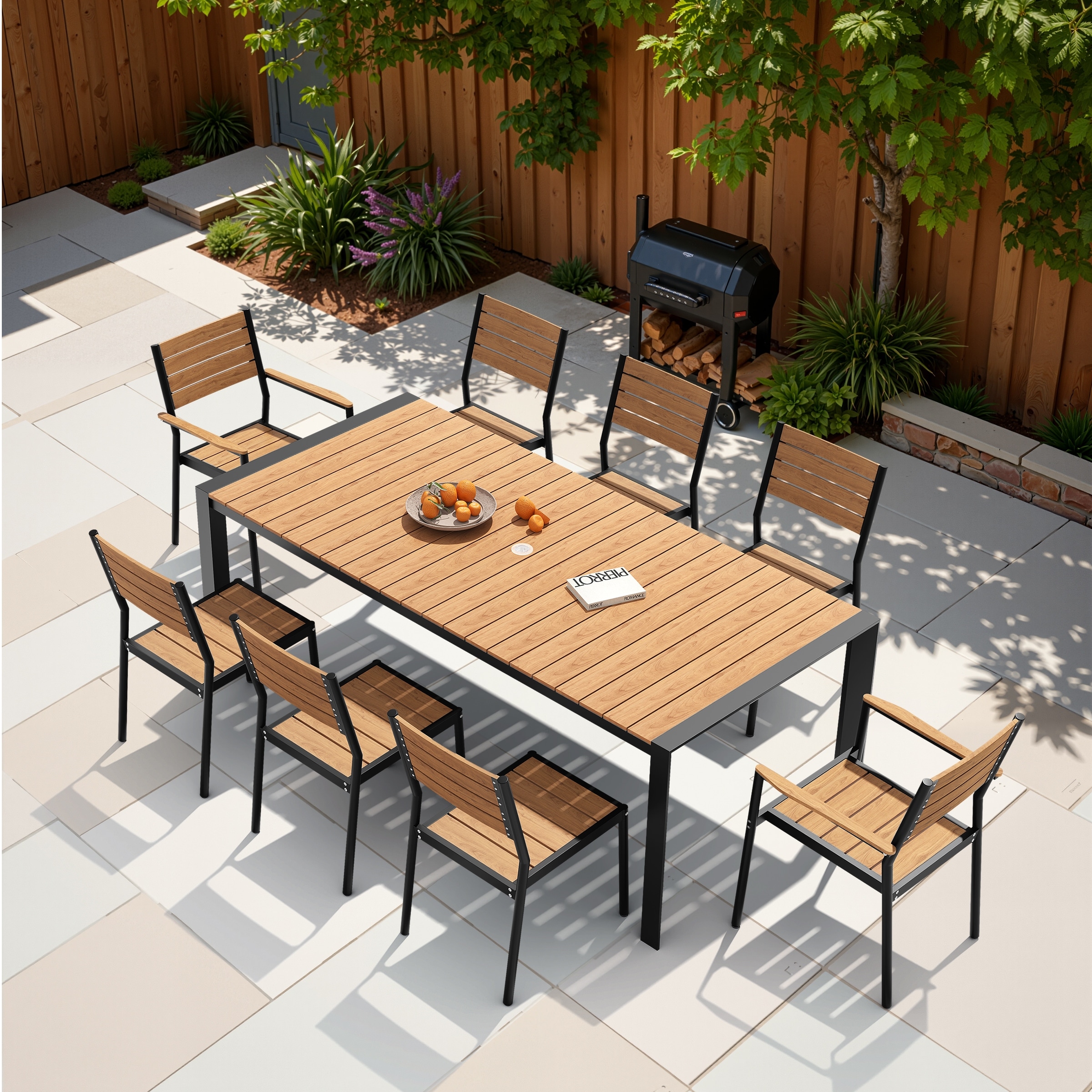 9-Piece Outdoor Patio Dining Set Wood Like Table Top Aluminum Rectangular Umbrella Hole Table with Stackable Chairs