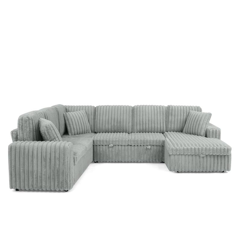 Corduroy Upholstered Reclining Sofa U-shaped Sleeper Sectional Couch with Pull Out Bed, Storage Chaise and Adjustable Backrests