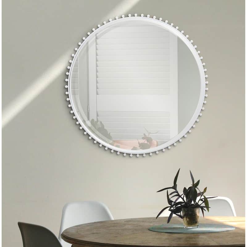 Allan Andrews Round Matte White Wall Mirror With Metal Beaded Frame - 36" x 36"