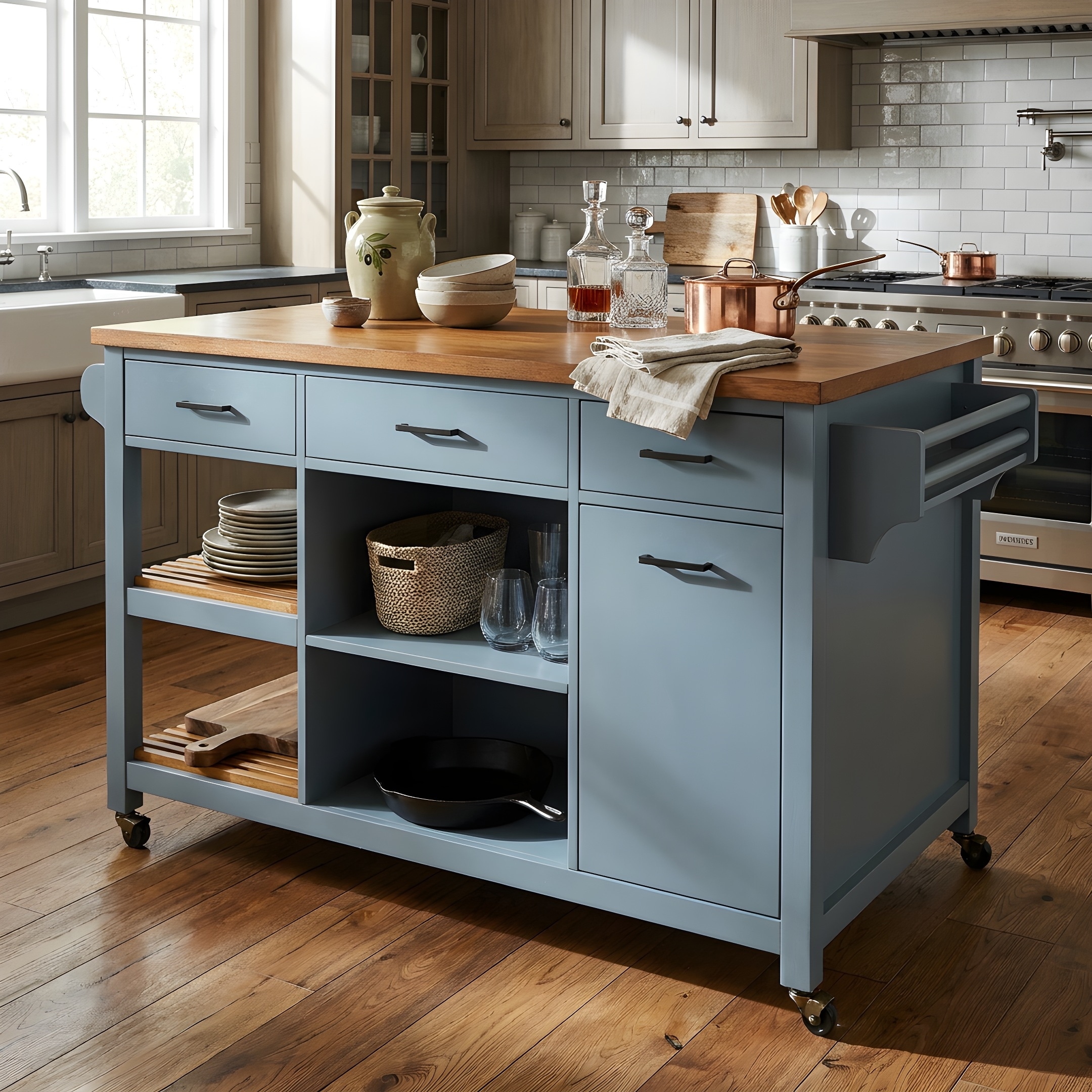 Christopher Knight Home - Kitchen Island Cart with Rubber Wood Top Storage Drawers Open Shelves and Rolling Wheels