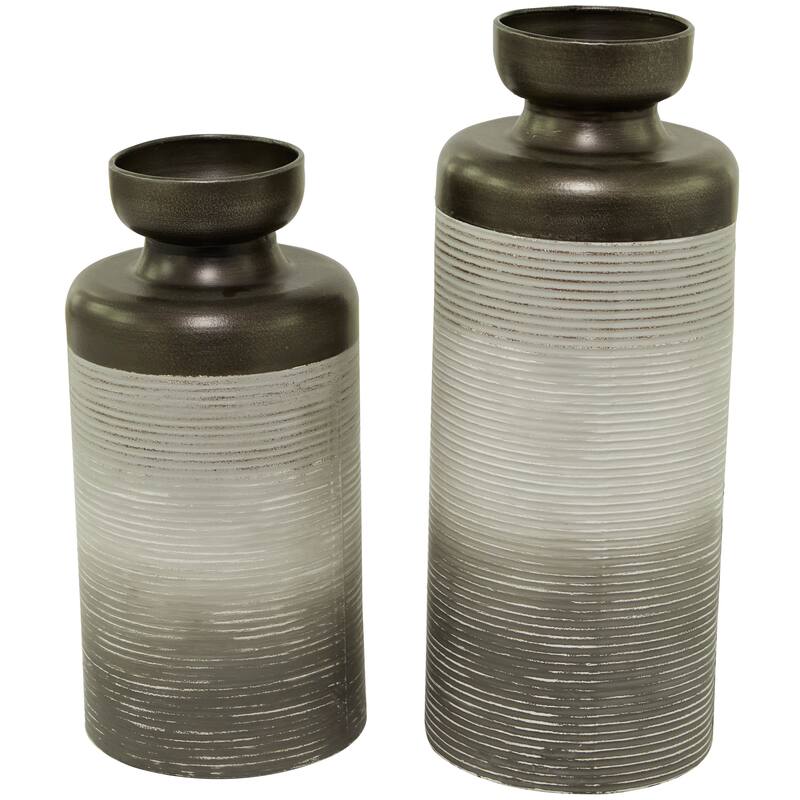 Bronze Metal Decorative Vase with Embossed Ribbing (Set of 2) - 16", 13"H