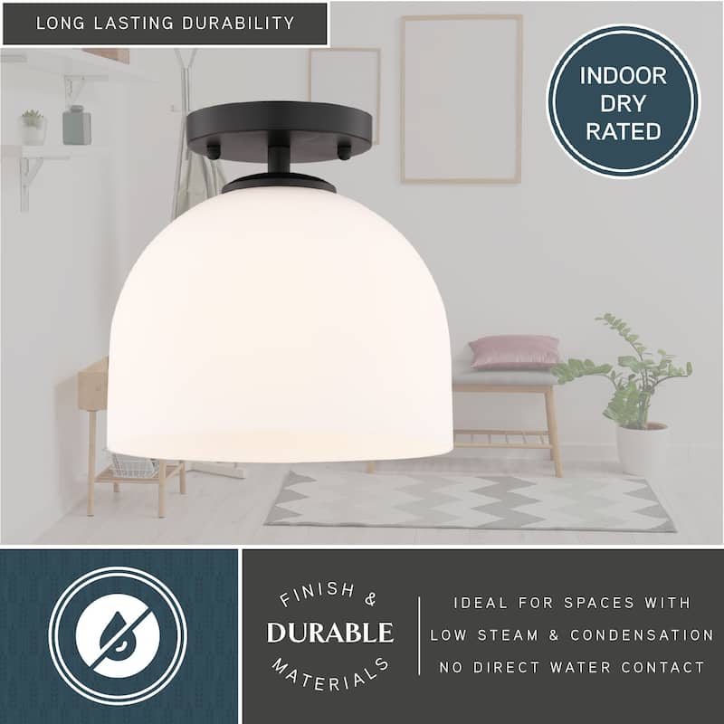 VAXCEL Shelby 1-Light 9.25 in. Wide Dome Semi Flush Mount Ceiling Lighting Fixture, Frosted White Opal Glass Shade